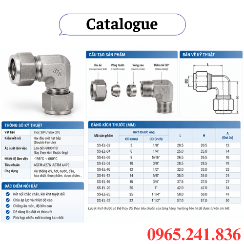 Catalogue đầu nối inox 90 độ có 2 đầu siết hạt bắp