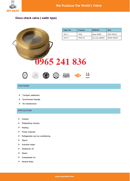 Thông số van một chiều đĩa đồng Soy Thổ Nhĩ Kỳ Turkey